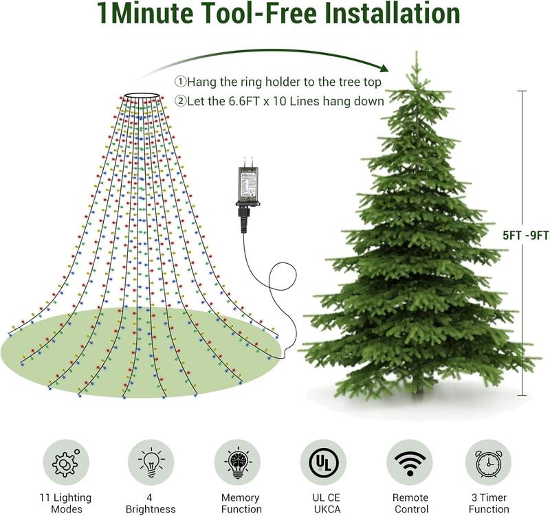 Quick Installation Christmas Tree Lights, Christmas Lights decoration, Waterproof Xmas Tree Lights with Ring for Indoor Outdoor decor Ornaments