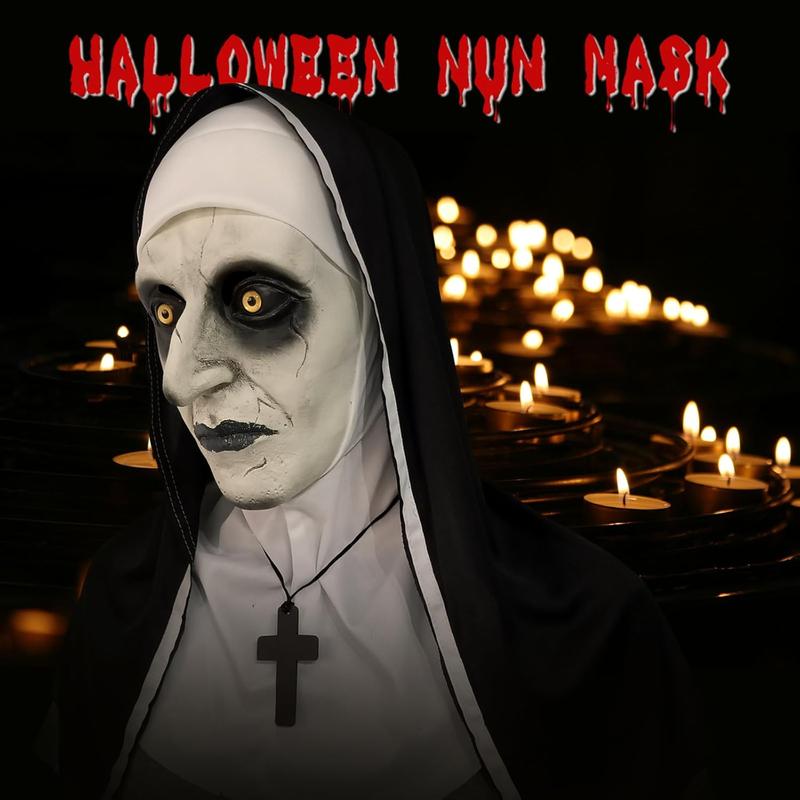 Nun Costume Mask 2023  Version - Realistic Latex Mask with Headgear and Cross Necklace for Halloween Night (ShutMouth)