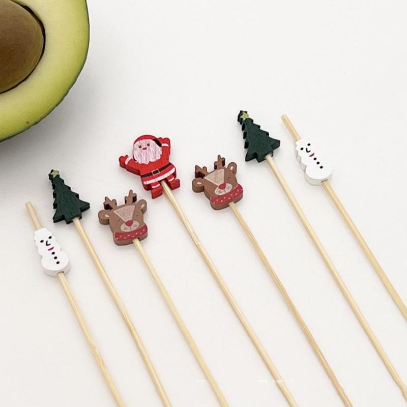 Christmas Themed Disposable Bamboo Stick, 30 100pcs Cute Cartoon Design Fruit Stick, Disposable Tableware for Home Office Party