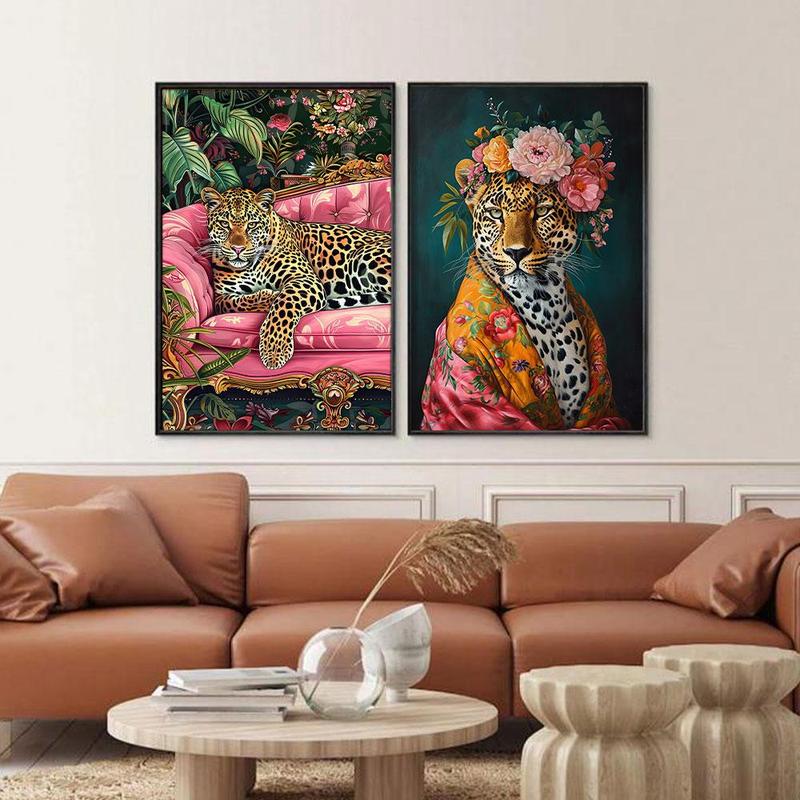 Leopard & Flower Pattern Unframed Painting, 2 Counts set Modern Canvas Wall Art, Wall Decor for Home Living Room Bedroom Office School