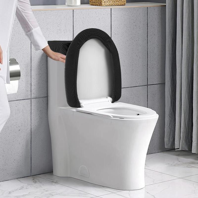 Toilet Lid Cover and Toilet Tank Cover Stretch Toilet Covers Set for Bathroom, Polyester Spandex Jacquard Fabric, Machine Washable, with Elastic Bottom, Black Seat