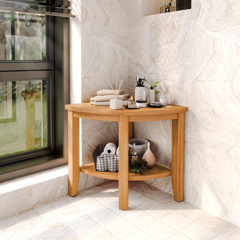 PHI VILLA Teak Shower Bench with Storage Shelf and Waterproof Wooden Seat - Bathroom Shower Stool