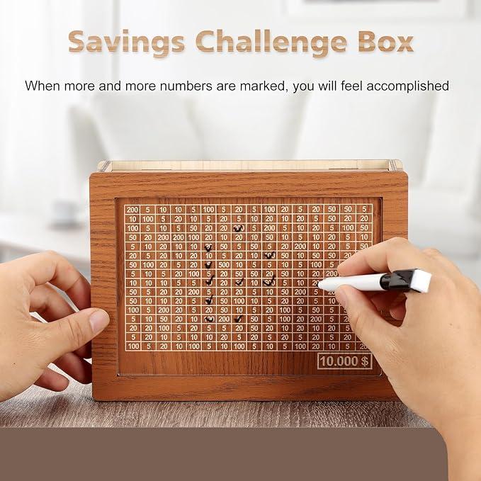 Money Saving Box,Wooden Money Box,Savings Box,with Money Target and Numbers with Counter Crafts Portable Storage Case Money Saving Box for Adults Child (10000 Dollar)