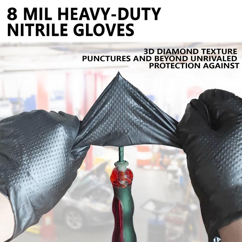 Heavy-duty black nitrile disposable gloves 8 mil diamond-textured grip for industrial, food applications, latex and powder free Cleaning Rubber