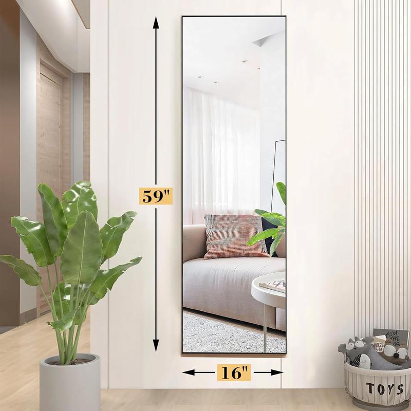 Wall Mirror Full Length Mirror,Standing Mirror Full Body,Floor Mirror for Wall Door Bedroom Bathroom Living Room with Aluminium Frame(with Stand,59x16-Black gold)