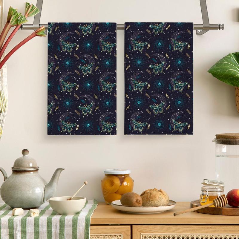 Moth & Sun Pattern Kitchen Towel, 2pcs set Kitchen Towel for Drying Dishes, Household Hand Towel, Kitchen Accessories