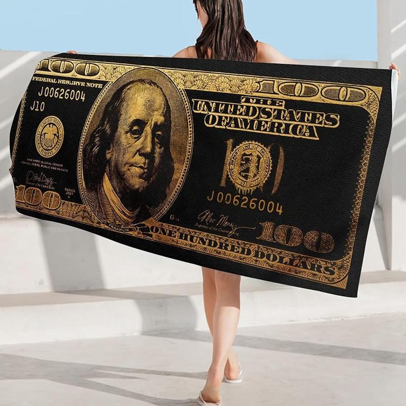 Black and Gold 100 Dollar Bill Beach Towels for Adults Funny Money Beach Towel for Mens Quick Dry Towel Oversize 30