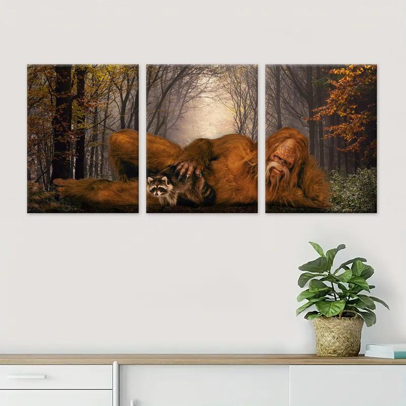 Wooden Framed Canvas Painting, 3 Counts set Sasquatch & Animal Pattern Wall Art, Modern Wall Decor for Home Living Room Bedroom Office