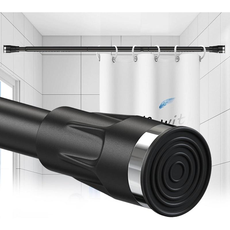 Black Shower Curtain Rod, 48-96 inch Extra Long Heavy Duty Bathroom Spring Tension Curtain Rod, Adjustable Tension Rod with Shower Rod Holder for Closet Rods Windows No Drilling