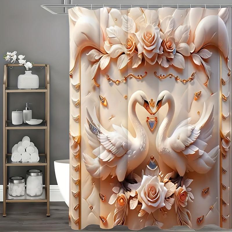 Shower Curtain Set Exquisite 1 Count 3D Swan Embossed Pearl Print  - Decorative Bathroom Ensemble with Waterproof Shower Curtain and 12 Plastic Hooks