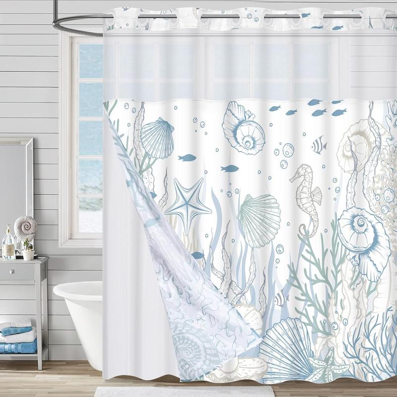 Alishomtll No Hook Shower Curtain with Snap in Liner Seashell Beach Shower Curtain Fabric Waterproof Inner Liner Themed Shower Curtains for Bathroom Decor