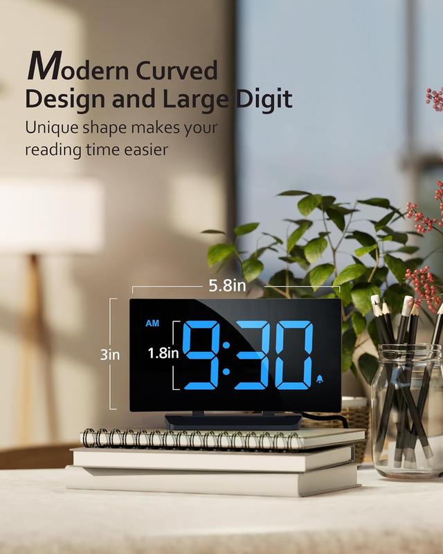 Digital Alarm Clock for Bedroom, Digital Clock with Modern Curved Design, Conspicuous LED Numbers, 5 Levels Brightness+Off,2 Volume, 3 Alarm Tones, Snooze, Power-Off Memory, 12 24H Decor Gift