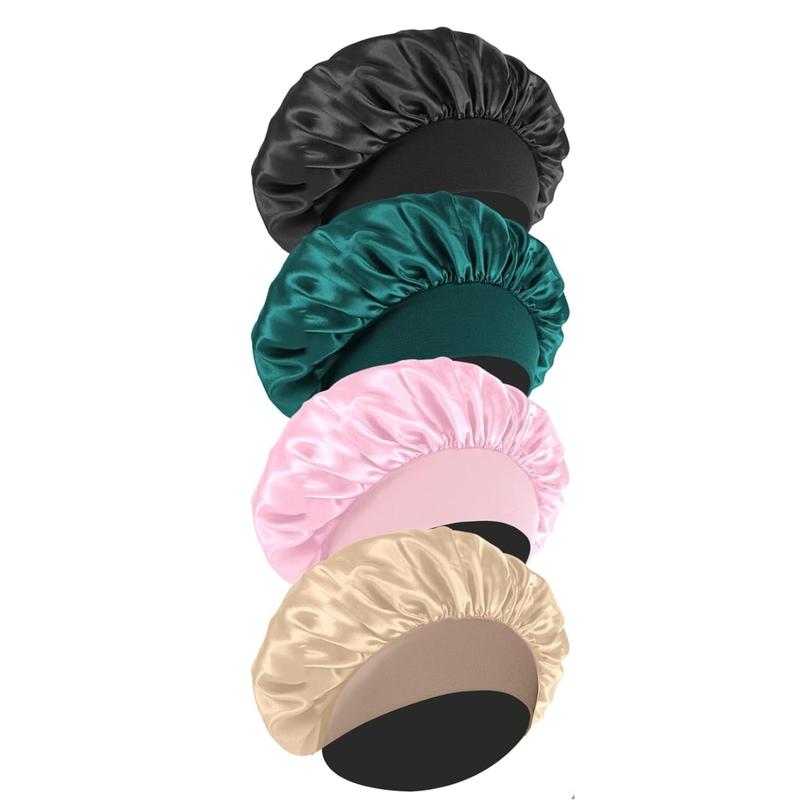 4 Pack Silk Bonnet for Sleeping,Hair Satin Bonnets for Women Men,Elastic Wide Band Hair Bonnet Shower Cap(Black,Peacock Blue,Pink,Khaki)