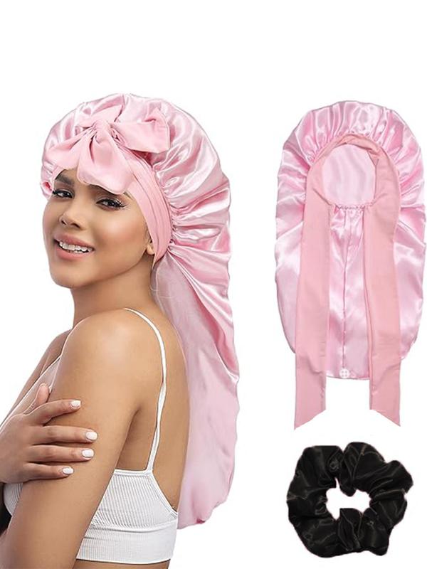 Solid Color Satin Sleeping Bonnet & Hair Tie, Elastic Sleeping Bonnet & Ponytail Holder, Sleeping Bonnet with Elastic Hair Tie Band for Daily Life