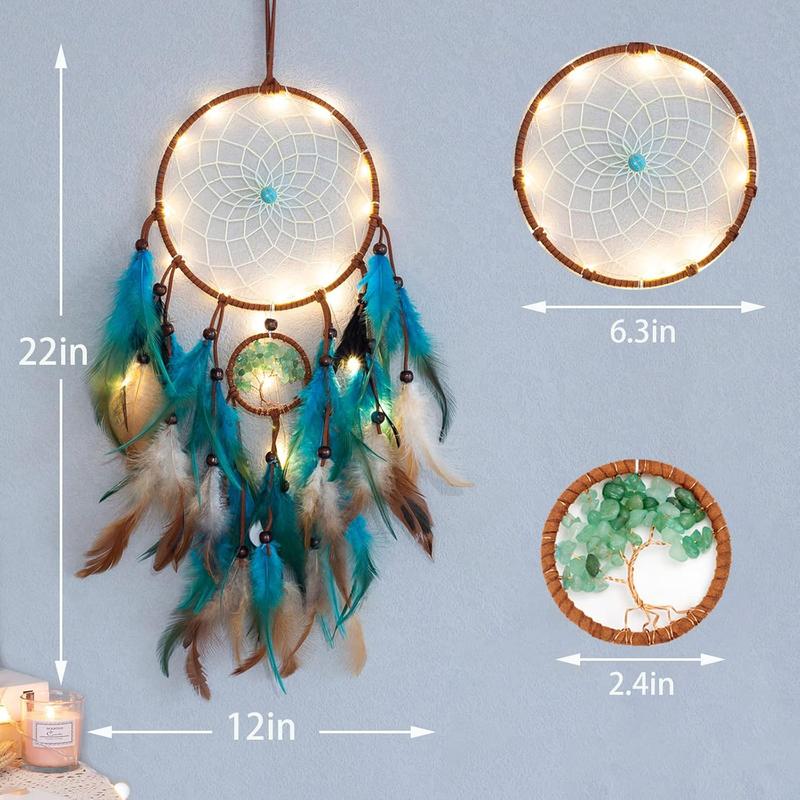 Dream Catcher Blue Tree of Life with Feathers, Fairy Lights Handmade Indians Traditional Circular Net for Wall Hanging Decor, Home Decoration Wedding Party Blessing Gift