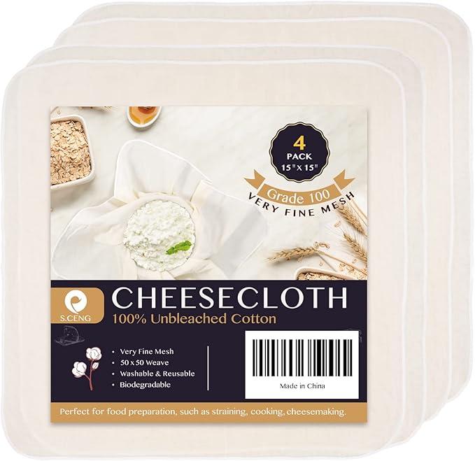 Precut Cheesecloth, 15 x 15'' 4 Pack, Grade 100, Ultra Fine for Straining & Cooking, 100% Unbleached Cotton Cheese Cloth for Making Cheese Cleaning