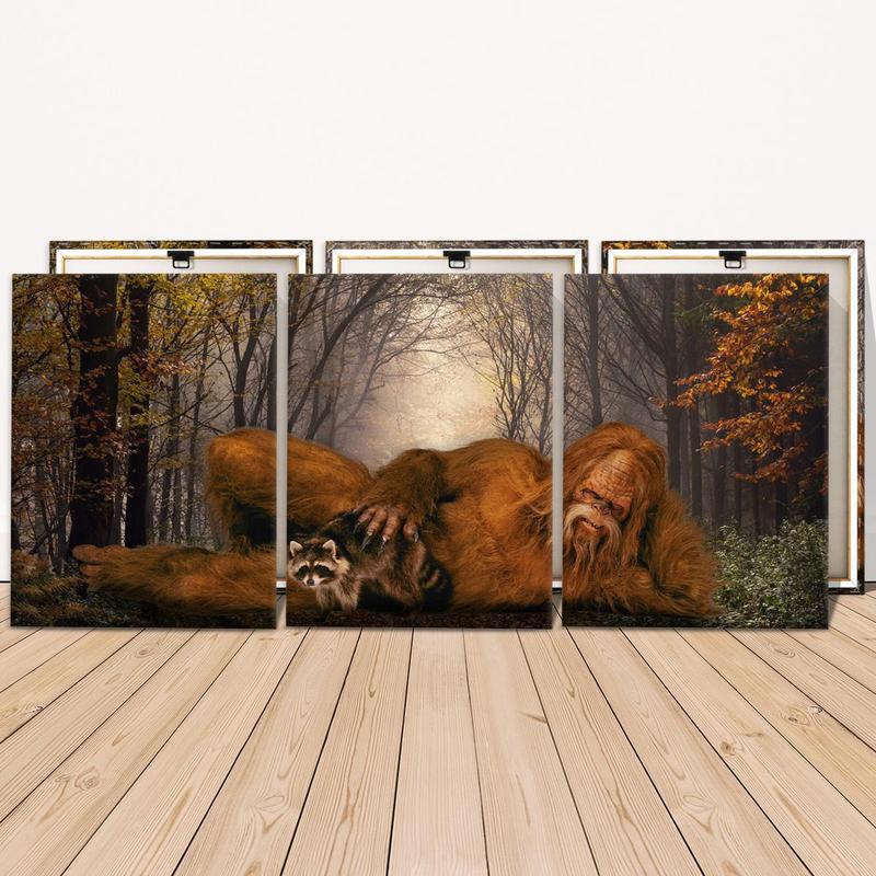 Wooden Framed Canvas Painting, 3 Counts set Sasquatch & Animal Pattern Wall Art, Modern Wall Decor for Home Living Room Bedroom Office