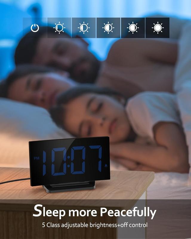 Digital Alarm Clock for Bedroom, Digital Clock with Modern Curved Design, Conspicuous LED Numbers, 5 Levels Brightness+Off,2 Volume, 3 Alarm Tones, Snooze, Power-Off Memory, 12 24H Decor Gift