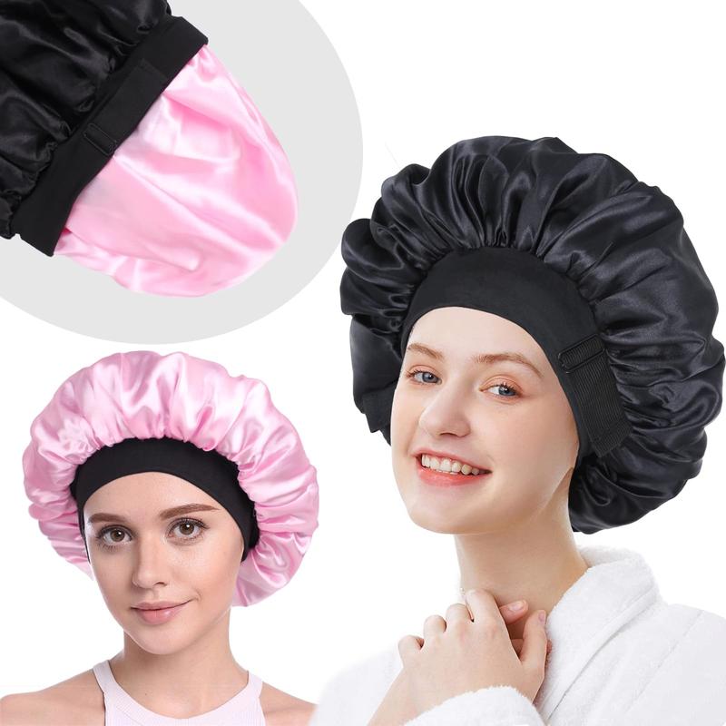 Silk Bonnet for Sleeping Double Layer Satin Bonnet Adjustable Bonnets for Black Women Sleep Cap Reversible Hair Bonnet for Curly Hair (Black and Pink) sleep cap