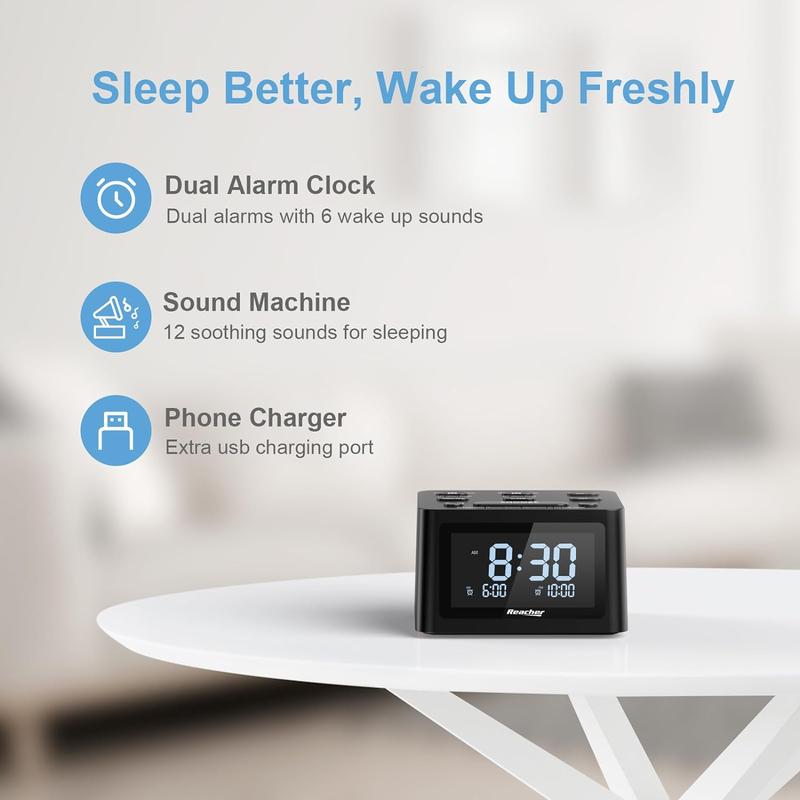 Dual Alarm Clock & Sleep Sound Machine, USB Charger, 12 Soothing Sounds, 6 Wake Up Sounds, Auto-Off Timer, 0-100% Dimmer - Ideal for Bedroom, Bedside (R3, X002KQ81H7)