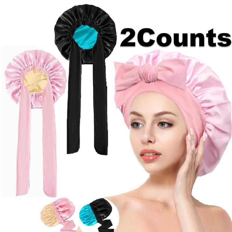 Double Layer Satin Bonnet for Sleeping, Large Silk Bonnet for Women Natural Curly Hair, Silky Satin Hair Bonnet with Tie Band Hair Wrap Shower Cap