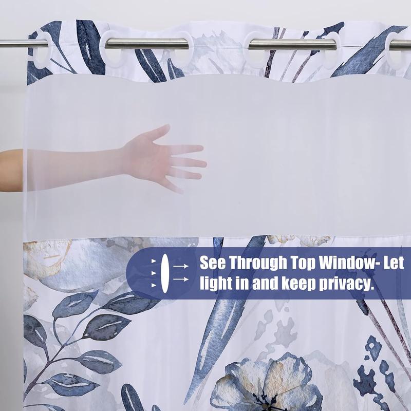 Alishomtll No Hook Shower Curtain with Snap-in Liner Set, Hotel Grade Blue Floral Shower Curtain with See Through Top Window, Blue White, No Hook, Double Layer, Waterproof, Washable, 72