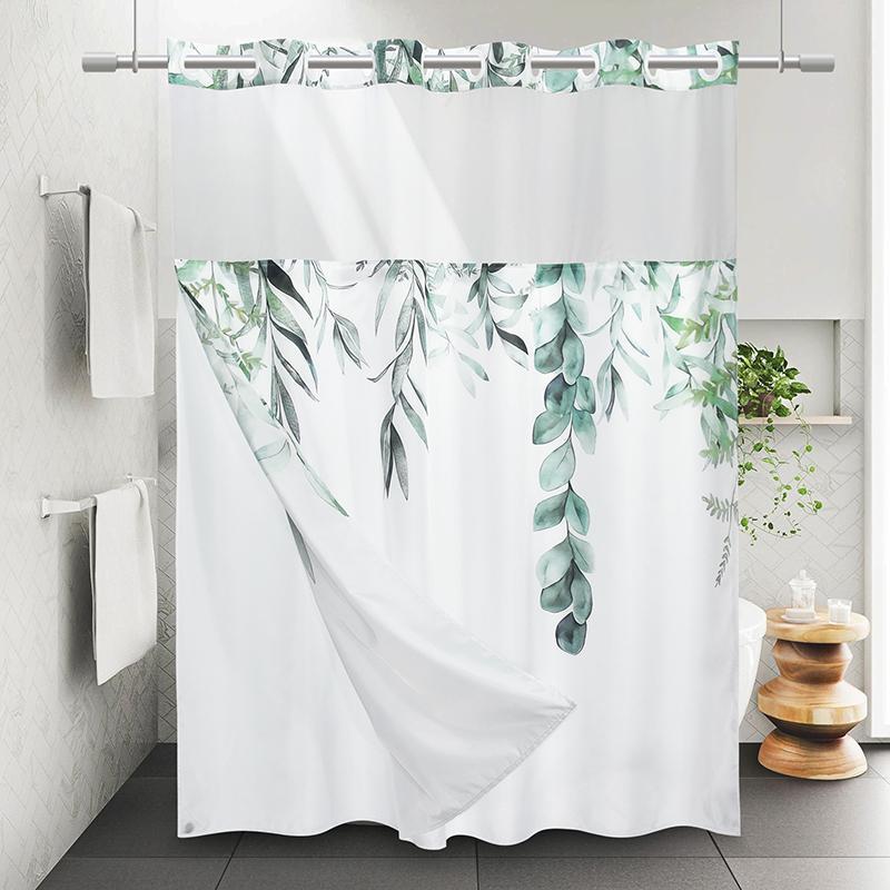 PUNKRAY Double Shower Curtain Sage Green Leaves No Hook Shower Curtain with Snap in Liner  Fabric Waterproof Shower Curtains Washable 71 x 74 Inch   71 x 86 Inch