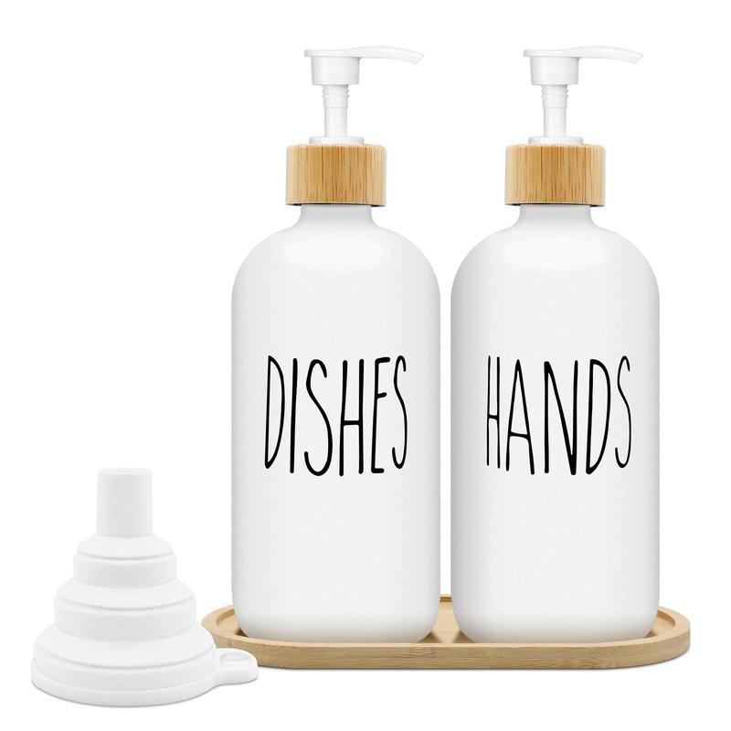 Soap Dispenser Bottle with Wooden Tray, 2 Counts set Multicolor 500ml Hand Soap Dispenser Bottle, Bathroom Supplies for Home Kitchen Hotel Dormitory Office