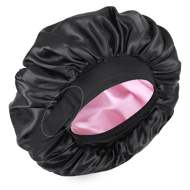 Silk Bonnet for Sleeping Double Layer Satin Bonnet Adjustable Bonnets for Black Women Sleep Cap Reversible Hair Bonnet for Curly Hair (Black and Pink) sleep cap