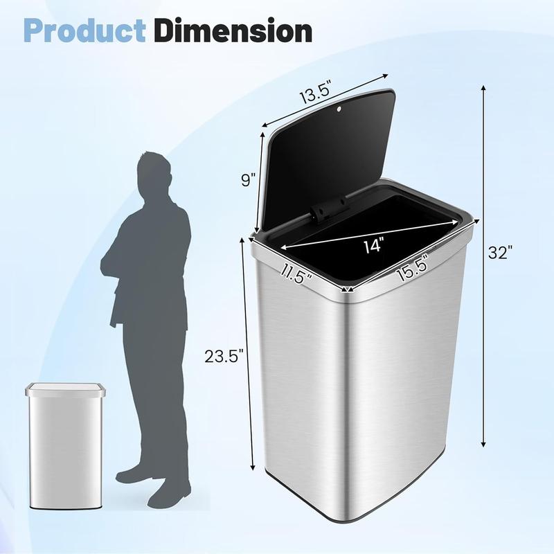 13 Gallon Automatic Trash Can, Rectangular Motion Sensor Waste Trash Bin w Soft Close Lid & Deodorizer Compartment, Smart Touchless Stainless Steel Garbage Can for Kitchen Office