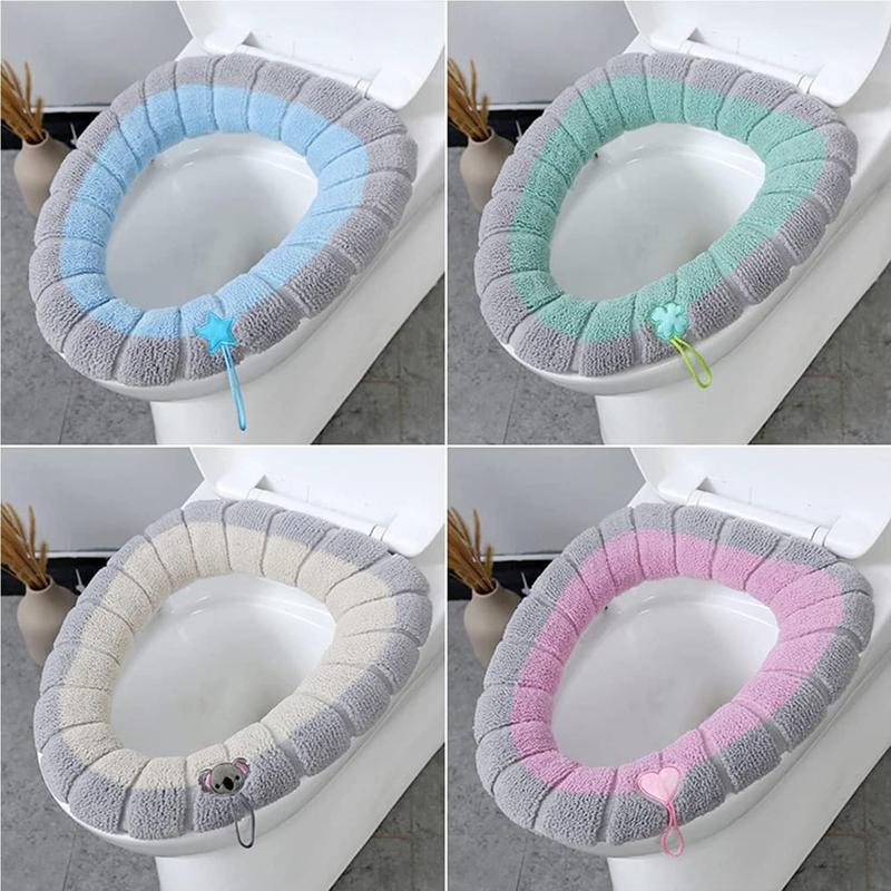 4 count Toilet Cover Toilet Seat Cover Pads with Handle Toilet Lid Cover Cushion Thicker Bathroom Soft Toilet Seat Cover Soft Thicker Stretchable Washable Fits All Oval Toilet Seats