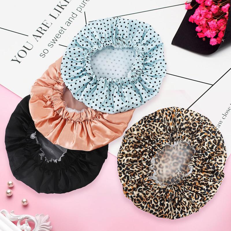 4 Pack Reusable Waterproof Shower Caps for Women with Toiletry Bag - Large Shower Cap Set for Long Hair, Hair Care Double Layer Waterproof Shower Cap