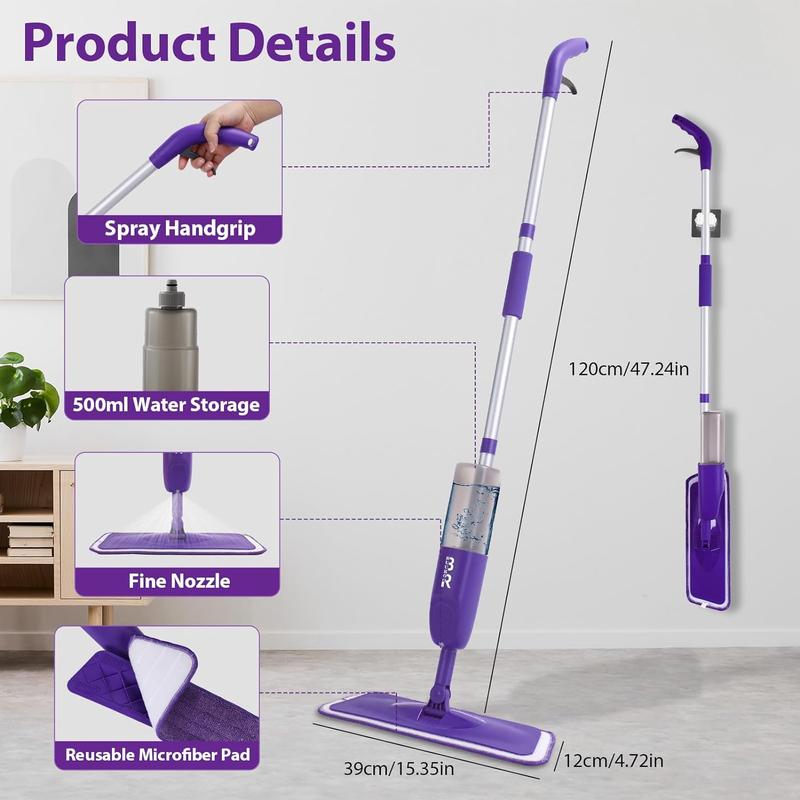 360° Spray Mop Set with 6 Mop Head Replacements, 1 Scraper, 1 Mop Holder, and 1 Refillable Bottle - Wet and Dry Cleaning Option for All Surfaces