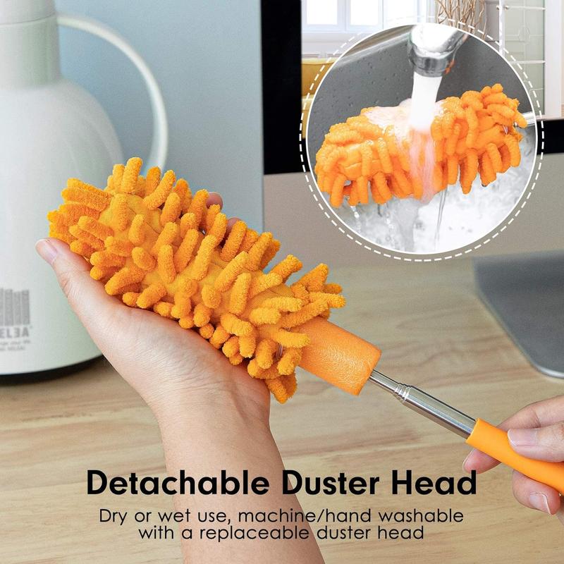 Microfiber Duster for Cleaning, Tukuos Hand Washable Dusters with 2pcs Replaceable Microfiber Head, Extendable Pole, Detachable Household Retractable