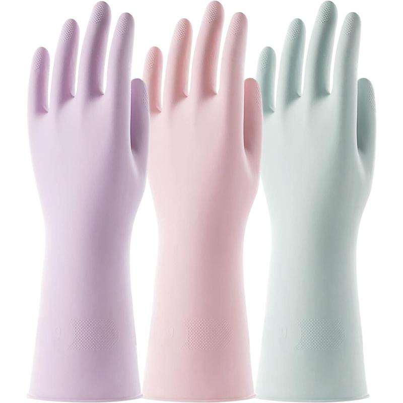 COOLJOB 3 Pairs Reusable Rubber Gloves for Dishwashing Cleaning Bleaching, Grippy Latex Dish Washing Gloves with Flocked Cotton Liner, Water Resistant Household Gloves for Kitchen Bathroom, Medium