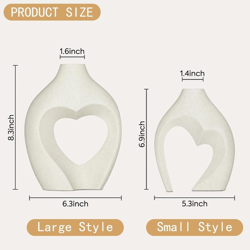 White Vases for Decor, Heart Shaped Ceramic Vase Set of 2, Heart Shaped Vases, Decorative Vase for Table Wedding Dining Living Room Office House Decoration