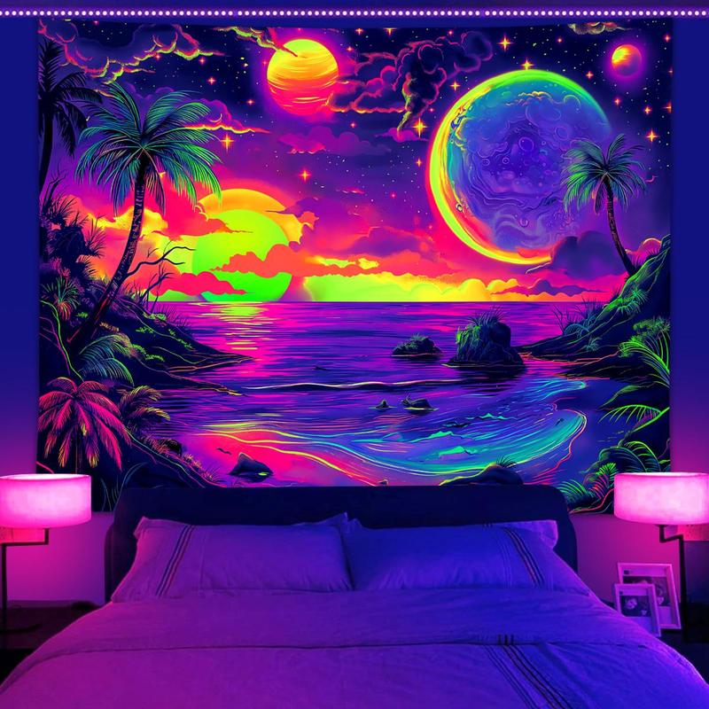 Galaxy Pattern Tapestry, 1 Count UV Reactive Beach Coconut Tree Sky Sunset Fluorescent Tapestry, Aesthetic Art Decoration Hanging Wall for Room Living Room Dormitory Dining Room