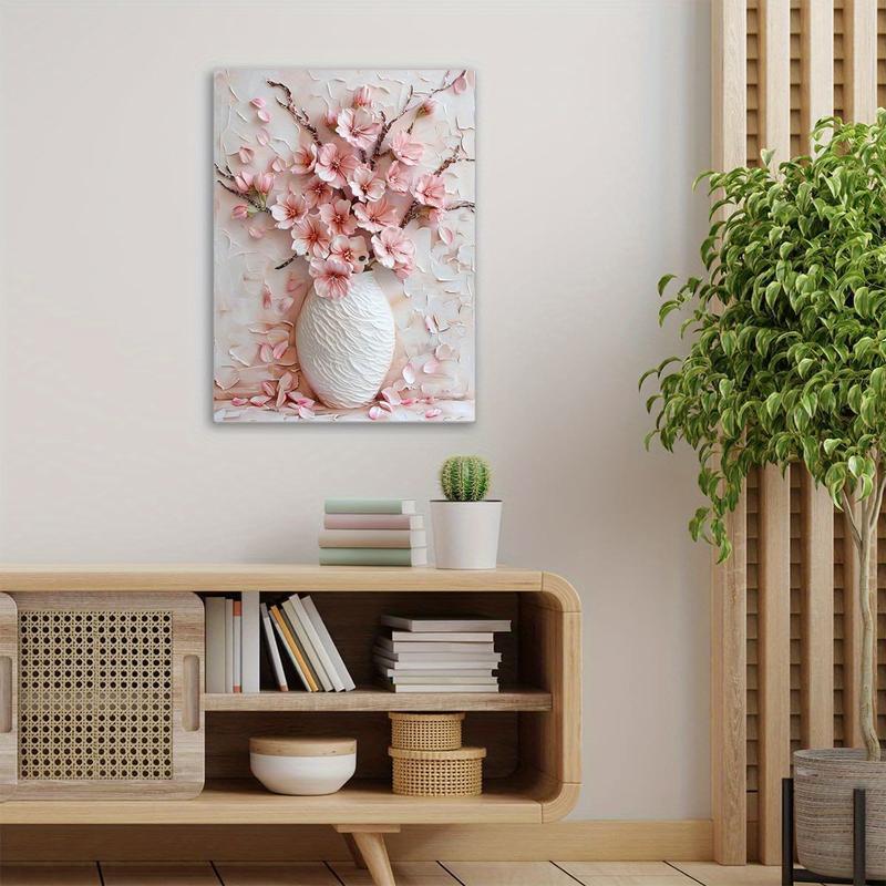 Charming Pink Floral Vase Canvas Art , Textured Background with Green Leaves & Light Beige Walls - Perfect for Living Room Decor(Frameless)