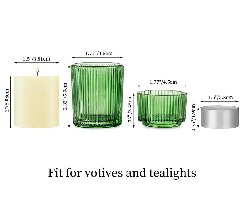 Green Ribbed Glass Tealight Holders: Decorative Votive Candle Holders for Table Centerpiece, Wedding, Christmas, and Dining Room Decor.