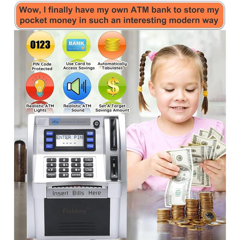 2024 Upgraded ATM Piggy Bank for Kids with Power-Off Memory and Debit Card for Real Money, Onekey Shutdown, Coin Recognition, Target Setting, Bill Feeder, Balance Calculator, Savings Machine Box