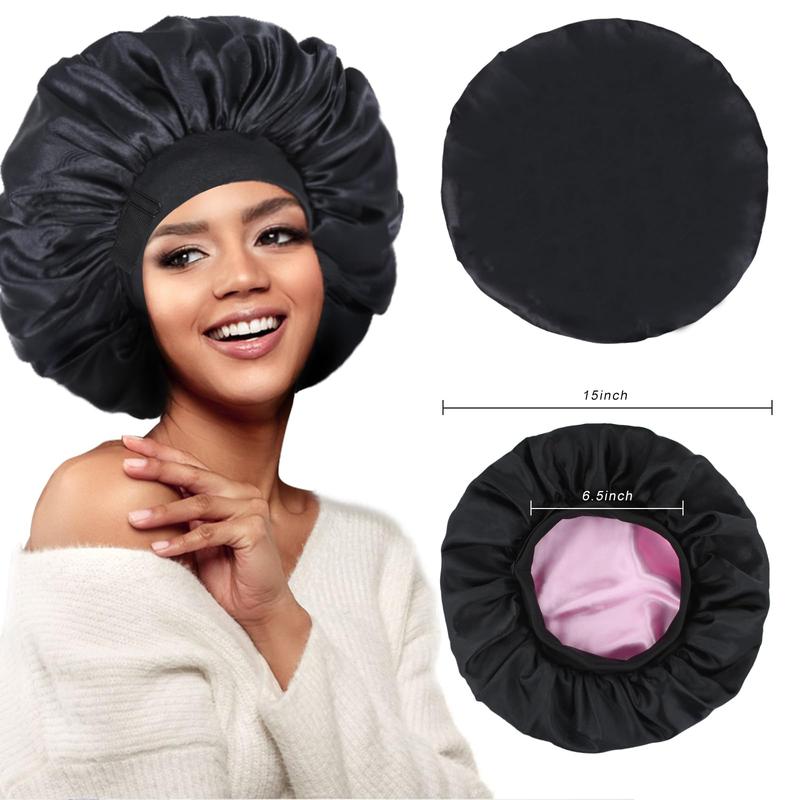 Silk Bonnet for Sleeping Double Layer Satin Bonnet Adjustable Bonnets for Black Women Sleep Cap Reversible Hair Bonnet for Curly Hair (Black and Pink) sleep cap