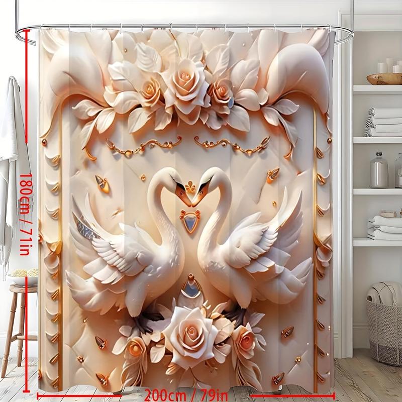 Shower Curtain Set Exquisite 1 Count 3D Swan Embossed Pearl Print  - Decorative Bathroom Ensemble with Waterproof Shower Curtain and 12 Plastic Hooks