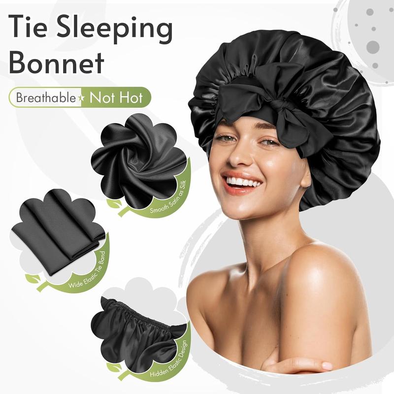 Double Layer Satin Bonnet for Sleeping, Large Silk Bonnet for Women Natural Curly Hair, Silky Satin Hair Bonnet with Tie Band Hair Wrap Shower Cap