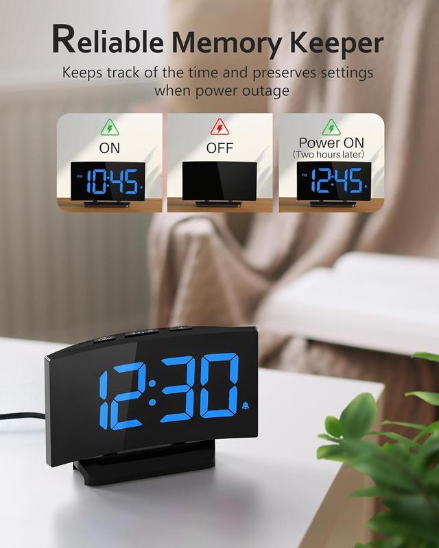 Digital Alarm Clock for Bedroom, Digital Clock with Modern Curved Design, Conspicuous LED Numbers, 5 Levels Brightness+Off,2 Volume, 3 Alarm Tones, Snooze, Power-Off Memory, 12 24H Decor Gift