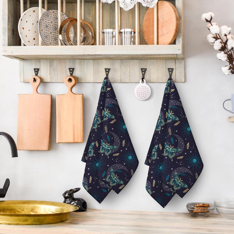 Moth & Sun Pattern Kitchen Towel, 2pcs set Kitchen Towel for Drying Dishes, Household Hand Towel, Kitchen Accessories