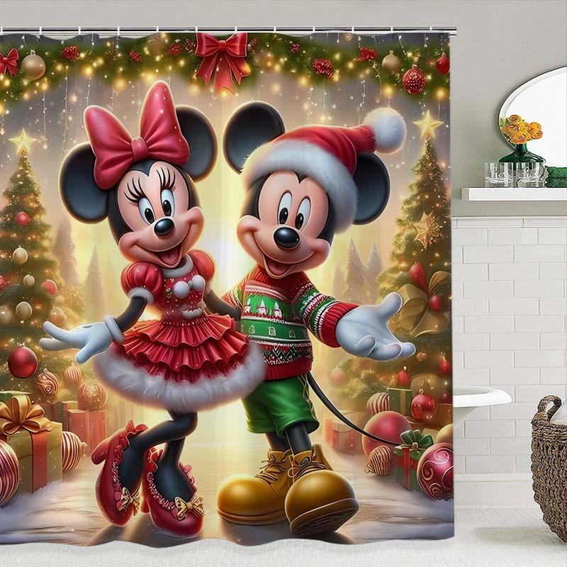 Disney Mickey & Minnie Mouse Pattern Shower Curtain, 1 Count Waterproof Bathroom Curtain with Hooks, Bathroom Decor for Home Hotel Salon Dormitory