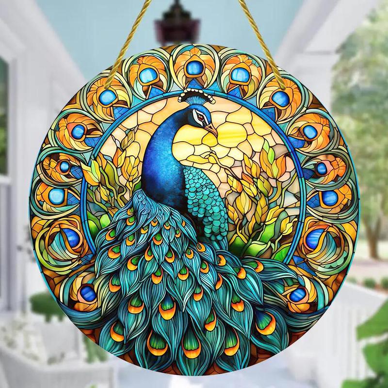 Peacock Pattern Hanging Decoration, Round Acrylic Hanging Ornament, Hanging Door Sign for Home Garden Yard, Spring Decorations for Home