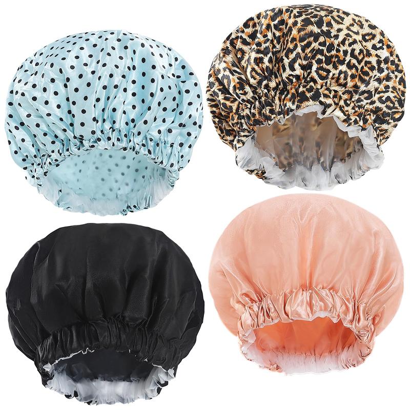 4 Pack Reusable Waterproof Shower Caps for Women with Toiletry Bag - Large Shower Cap Set for Long Hair, Hair Care Double Layer Waterproof Shower Cap