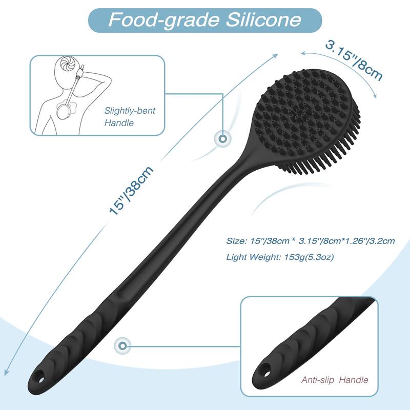 Silicone Back Scrubber(Thick Bristles) & Soft Bath Glove Set, Super-Exfoliating Body Scrubber & Super-Lathering Shower Brush Combination, with a Free Hook.(Black) Accessories