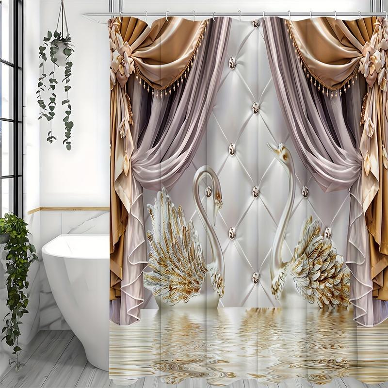 Shower Curtain Set Gold Floral Swan Print with Hooks Waterproof Bathroom Partition Curtain Room Decoration Accessories Flower